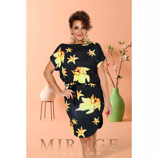 Mirage Marlenka szűkített öves ruha, fekete mintás