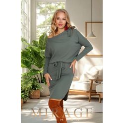 Mirage Carmen vastag bordázott öves ruha, zsálya