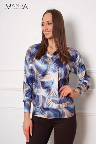 Manda lurex szálas V nyakú felső, kék mintás