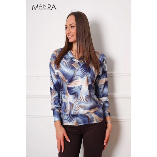 Manda lurex szálas V nyakú felső, kék mintás