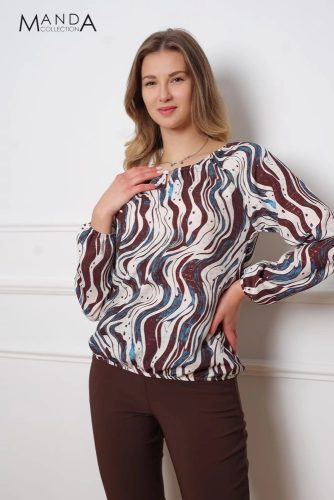 Manda lurex szálas gumis derekú felső, csokibarna mintás