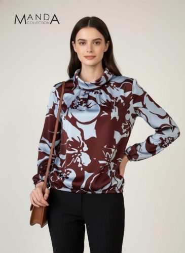 Manda kámzsa nyakú felső, csokibarna mintás