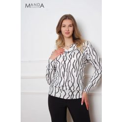 Manda lurex szálas V nyakú felső, fehér fekete mintás