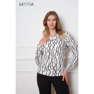 Manda lurex szálas V nyakú felső, fehér fekete mintás