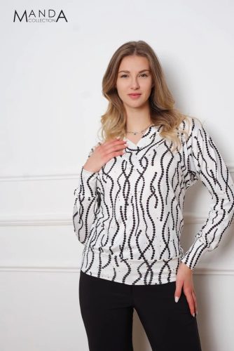 Manda lurex szálas V nyakú felső, fehér fekete mintás