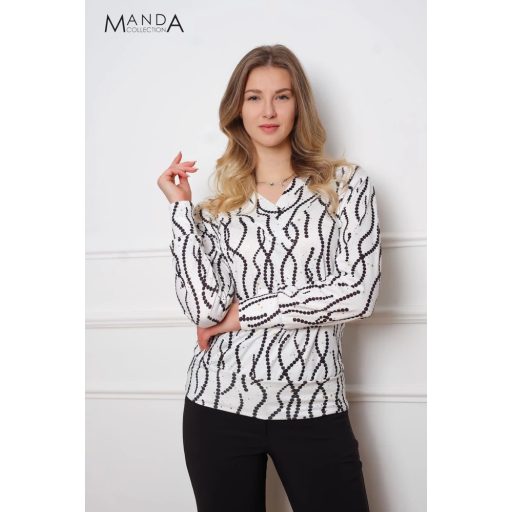 Manda lurex szálas V nyakú felső, fehér fekete mintás