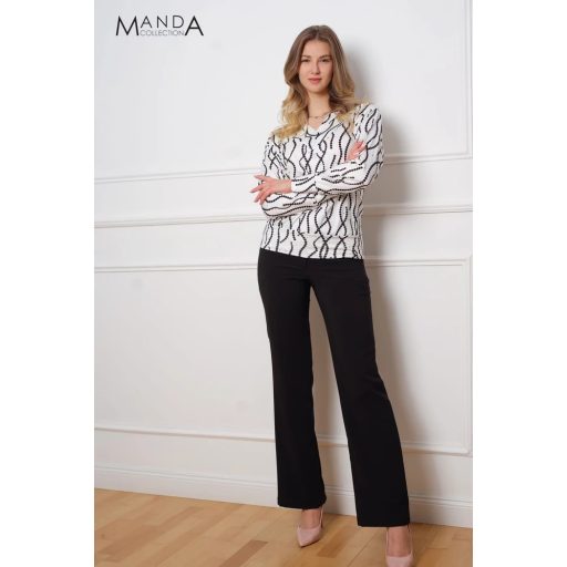 Manda lurex szálas V nyakú felső, fehér fekete mintás