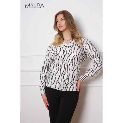 Manda lurex szálas V nyakú felső, fehér fekete mintás